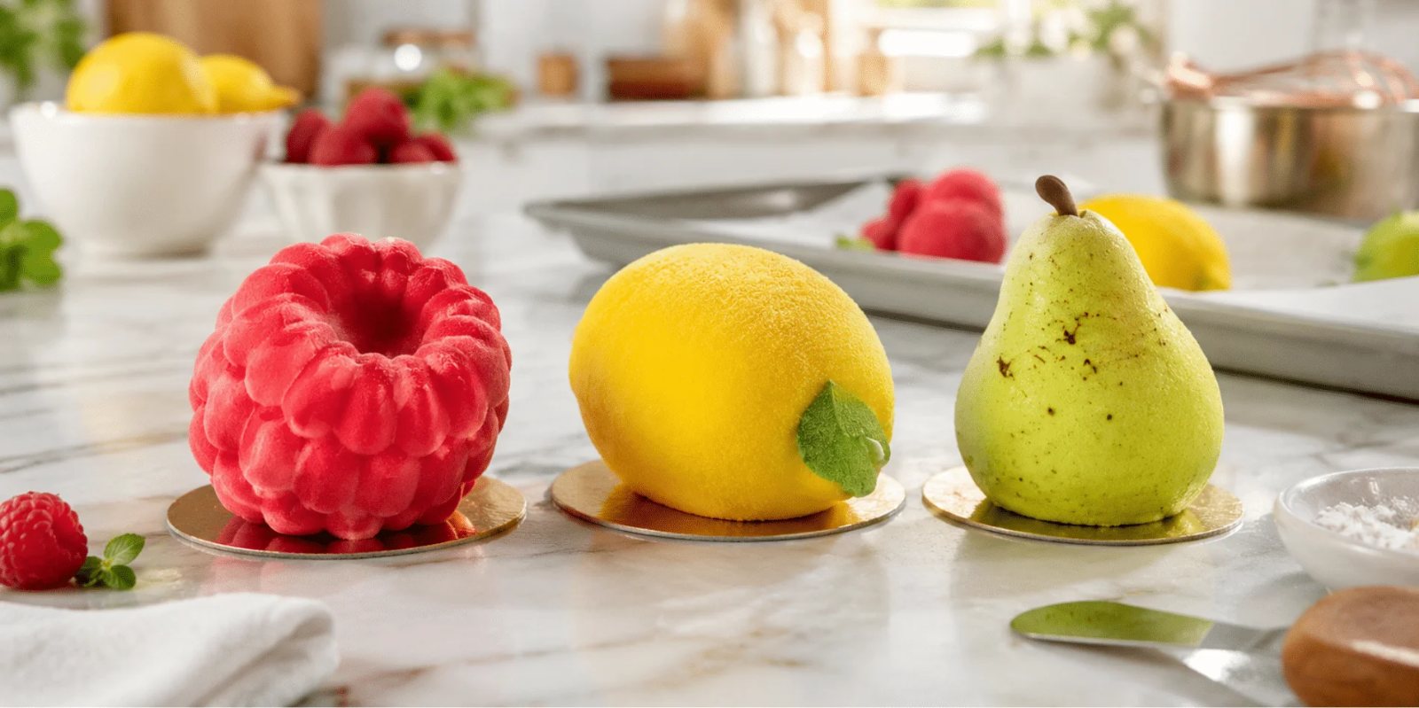 Bakelser formade som hallon, citron och päron på en marmorbänk
